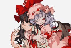 Rule 34 | 2girls, :&gt;, :d, \||/, bat wings, black hair, bow, brown eyes, closed mouth, commentary request, dress, embodiment of scarlet devil, eyebrows hidden by hair, grey hair, hair bow, hair tubes, hakurei reimu, half-closed eyes, hands up, hat, hug, hug from behind, long hair, looking at another, looking to the side, mob cap, multiple girls, nail polish, ndasuzu (n64qd11), one eye closed, open mouth, pink dress, pink headwear, puffy short sleeves, puffy sleeves, red bow, red eyes, red nails, remilia scarlet, short sleeves, sidelocks, simple background, smile, sweat, teeth, touhou, white background, wings, wrist cuffs, yuri