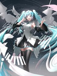 Rule 34 | 1girl, :d, absurdres, black skirt, black sleeves, black thighhighs, blue eyes, blue hair, blue nails, blue necktie, breasts, commentary, detached sleeves, feet out of frame, gradient hair, hands up, hatsune miku, hatsune miku happy 16th birthday -dear creators-, headset, highres, laomotou, long hair, long sleeves, looking at viewer, multicolored hair, nail polish, necktie, open mouth, pink hair, pleated skirt, shirt, skirt, sleeveless, sleeveless shirt, small breasts, smile, solo, standing, teeth, thighhighs, tie clip, twintails, upper teeth only, very long hair, vocaloid, white shirt, wide sleeves