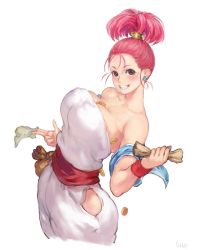 Rule 34 | 1girl, bare shoulders, between fingers, bouncing breasts, breasts, brown eyes, cleavage, coin, dragon quest, dragon quest iii, grin, hip vent, holding, holding paper, large breasts, looking at viewer, merchant (dq3), paper, pink hair, ponytail, shu-mai, simple background, smile, solo, standing, white background