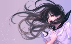 Rule 34 | 1girl, absurdres, black hair, brown eyes, commentary, crying, crying with eyes open, floating hair, hand on own chest, highres, long hair, original, purple background, rakugaki suruhito, school uniform, serafuku, shouting, tears