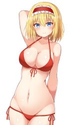 Rule 34 | 1girl, absurdres, alice margatroid, arm behind back, arm behind head, arm up, armpits, bare arms, bare shoulders, bikini, blonde hair, blue eyes, blush, breasts, cleavage, closed mouth, collarbone, commentary request, cowboy shot, frills, front-tie bikini top, front-tie top, groin, hair between eyes, halterneck, headdress, highres, large breasts, looking at viewer, navel, red bikini, short hair, side-tie bikini bottom, simple background, smile, solo, strap gap, swimsuit, tksand, touhou, white background