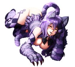 Rule 34 | 1girl, :3, animal ears, animal hands, argyle, argyle clothes, argyle legwear, barbariank, bare shoulders, bell, bow, breasts, cat ears, cat tail, cheshire cat (monster girl encyclopedia), claws, cleavage, facial tattoo, fangs, fur, hair bow, heart, heart tail, highres, imageboard desourced, jingle bell, large breasts, long hair, looking at viewer, lying, md5 mismatch, monster girl, monster girl encyclopedia, multicolored hair, non-web source, purple hair, resized, skirt, slit pupils, smile, solo, striped, striped tail, tail, tattoo, thighhighs, transparent background, upscaled, yellow eyes
