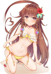 Rule 34 | 10s, 1girl, ahoge, barefoot, bikini, braid, breasts, brown eyes, brown hair, choker, flower, frilled bikini, frills, hair flower, hair ornament, heart, heart ahoge, heart lock (kantai collection), hibiscus, highres, huge ahoge, kantai collection, kneeling, ko yu, kuma (kancolle), long hair, looking at viewer, navel, pout, side-tie bikini bottom, simple background, small breasts, solo, swimsuit, twin braids, underboob, white background, yellow bikini