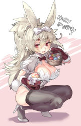 Rule 34 | 1girl, animal ears, basket, black thighhighs, bow, bowtie, breasts, cleavage, easter, easter egg, egg, fur trim, gloves, hair bow, happy easter, high heels, large breasts, long hair, looking at viewer, naso4, open mouth, original, ponytail, rabbit ears, rabbit girl, rabbit tail, red eyes, red gloves, silver hair, smile, solo, squatting, tail, thighhighs