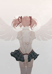 Rule 34 | 1girl, absurdres, arms behind back, back bow, beige background, beige bow, black skirt, bow, facing away, feet out of frame, floating hair, from behind, hair ribbon, high collar, highres, juliet sleeves, kaname madoka, legs together, long sleeves, mahou shoujo madoka magica, mahou shoujo madoka magica (anime), misteor, mitakihara school uniform, pink hair, plaid, plaid skirt, pleated skirt, puffy sleeves, red ribbon, ribbon, school uniform, simple background, skirt, solo, thighhighs, transparent wings, twintails, white thighhighs, wings, zettai ryouiki