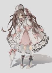 Rule 34 | 1girl, absurdres, ambience synesthesia, arknights, blush, bonnet, boots, bow, brown eyes, brown hair, chaoyugan, closed mouth, closed umbrella, commentary request, dress, eyjafjalla (arknights), flower, full body, gloves, grey background, highres, kneehighs, long hair, long sleeves, official alternate costume, pink bow, pink flower, pink rose, puffy long sleeves, puffy sleeves, rose, shadow, simple background, socks, solo, standing, twintails, umbrella, very long hair, white dress, white footwear, white gloves, white headwear, white socks, white umbrella
