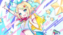 Rule 34 | 1girl, aqua eyes, aqua nails, aqua shorts, bag, blonde hair, bow, crop top, hair bow, hair ornament, index finger raised, kagamine rin, lightning bolt print, looking at viewer, midriff, multicolored nails, nail polish, navel, neckerchief, open mouth, outstretched arm, red nails, red neckerchief, school bag, shirt, shoes, short hair, shorts, smile, sneakers, solo, star (symbol), star hair ornament, suspender shorts, suspenders, tatejima uri, upper body, vocaloid, white bow, white shirt