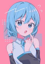 Rule 34 | bare shoulders, black sleeves, blue eyes, blue hair, blush, detached sleeves, hatsune miku, looking at viewer, necktie, open mouth, shirt, short hair, simple background, sleeveless, sleeveless shirt, solo, tagme, umi (umui), upper body, vocaloid