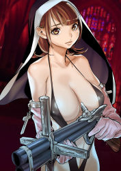 Rule 34 | 1girl, angel, bikini, breasts, brown eyes, cleavage, collarbone, cross, dytm, elbow gloves, expressionless, from above, gloves, gun, highres, large breasts, lips, nun, nun (dtym), original, slingshot swimsuit, solo, stained glass, swimsuit, weapon, wings