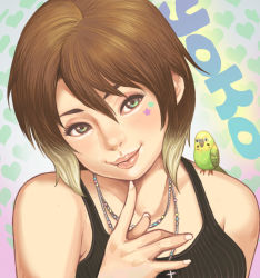 Rule 34 | 1girl, animal, animal on shoulder, bad id, bad pixiv id, bird, bird on shoulder, borrowed character, brown hair, character name, green eyes, heart, jewelry, lips, looking at viewer, maou alba, multicolored hair, necklace, original, parakeet, smile, solo, two-tone hair, upper body