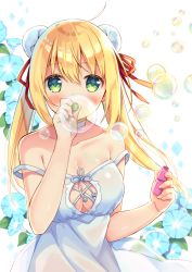 Rule 34 | 1girl, ahoge, anzu (sumisaki yuzuna), bad id, bad pixiv id, bare arms, bare shoulders, blonde hair, blue flower, blush, bubble, blowing bubbles, bun cover, commentary request, covered mouth, double bun, dress, flower, green eyes, hair between eyes, hair bun, hair ribbon, hand up, holding, long hair, looking at viewer, morning glory, original, red ribbon, ribbon, side bun, sleeveless, sleeveless dress, solo, strap slip, sumisaki yuzuna, twintails, very long hair, white background, white dress