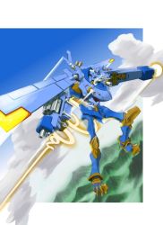 Rule 34 | 00s, armor, cannon, claws, cloud, digimon, digimon frontier, flying, full armor, glowing, glowing weapon, magnagarurumon, male focus, mecha, monster, no humans, robot, sky, weapon