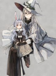 Rule 34 | 2girls, age difference, animal ears, boots, child, gloves, grey hair, hat, headband, itou hachi, light purple hair, monocle, multiple girls, onee-loli, original, purple eyes, rabbit ears, robe, sitting, sitting on person, white headwear, witch hat, yellow eyes, yuri