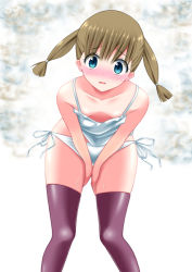 Rule 34 | 1girl, accidental exposure, blue eyes, blush, breasts, brown hair, cleavage, downblouse, feet out of frame, kaze makase, leaning forward, long hair, looking at viewer, no bra, nose blush, open mouth, original, pussy juice, small breasts, solo, standing, thighhighs, twintails