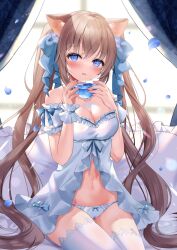 Rule 34 | 1girl, animal ears, babydoll, bare shoulders, blue eyes, bow, breasts, brown hair, cat ears, cleavage, cup, detached sleeves, frilled babydoll, hair bow, hands up, highres, holding, holding cup, long hair, looking at viewer, medium breasts, navel, open mouth, original, panties, sitting, solo, stomach, thighhighs, tsukimiya sara, twintails, underwear, very long hair, white panties, white thighhighs