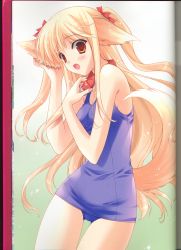 Rule 34 | 1girl, absurdres, animal ears, blonde hair, blue one-piece swimsuit, blush, breasts, brown eyes, collar, collarbone, dog ears, dog girl, dog tail, fang, green background, hair ribbon, highres, long hair, looking at viewer, one-piece swimsuit, open mouth, ribbon, small breasts, standing, suzuhira hiro, swimsuit, tail, touko (wanko to lily), twintails, wanko to lily