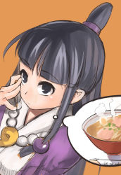 Rule 34 | 1girl, ace attorney, blunt bangs, bowl, capcom, food, hair bobbles, hair bun, hair ornament, half updo, jewelry, magatama, maya fey, nagase haruhito, necklace, orange background, pendant, sidelocks, simple background, single hair bun, solo, soup, thought bubble, upper body