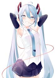 Rule 34 | 1girl, absurdres, ahoge, aqua eyes, aqua hair, aqua necktie, armpits, arms behind head, black skirt, breasts, commentary request, detached sleeves, grin, hair between eyes, hatsune miku, highres, long hair, looking at viewer, necktie, pleated skirt, sidelocks, simple background, skirt, small breasts, smile, solo, standing, teeth, twintails, very long hair, vest, vocaloid, white background, white vest, zeppeki shoujo
