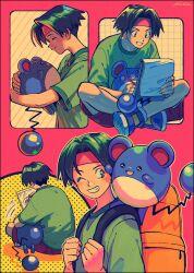 Rule 34 | 1boy, backpack, bag, blue footwear, brown shorts, creatures (company), crossed legs, drawing, from behind, from side, game freak, gen 2 pokemon, green hair, green shirt, headband, highres, holding, holding pencil, holding pokemon, holding sketchbook, kwsby 124, male focus, marill, nintendo, on shoulder, one eye closed, open mouth, orange bag, pencil, pokemon, pokemon (anime), pokemon (classic anime), pokemon (creature), pokemon on shoulder, red background, red headband, shirt, shorts, signature, sitting, sketchbook, smile, tracey sketchit