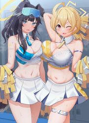 Rule 34 | 2girls, absurdres, ahoge, animal ears, bare shoulders, black hair, blonde hair, blue archive, blue eyes, blush, braid, breast press, breasts, cheerleader, cleavage, crop top, dog ears, dog girl, dog tail, eyewear on head, goggles, goggles on head, halo, hibiki (blue archive), hibiki (cheer squad) (blue archive), highres, holding, holding pom poms, kotori (blue archive), kotori (cheer squad) (blue archive), large breasts, long hair, looking at viewer, low twintails, midriff, millennium cheerleader outfit (blue archive), multiple girls, navel, nekojima, open mouth, pom pom (cheerleading), pom poms, red eyes, skirt, smile, star sticker, steaming body, sticker on arm, sticker on face, sweat, symmetrical docking, tail, thighs, twintails