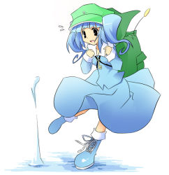Rule 34 | 1girl, :d, backpack, bag, blue dress, blue eyes, blue hair, boots, dress, female focus, flat cap, full body, hat, itose ikuto, kawashiro nitori, matching hair/eyes, open mouth, pocket, rubber boots, simple background, smile, solo, touhou, two side up, walking, walking on liquid, water, white background