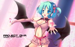 Rule 34 | 1girl, absurdres, animal ears, aqua eyes, aqua hair, blue eyes, blush, bow, breasts, cat ears, cat tail, cleavage, demon tail, demon wings, drill hair, fang, fingerless gloves, garter straps, gloves, hair bow, hair ribbon, hatsune miku, headphones, headset, heart, heart hunter, highres, natsumiya yuzu, navel, open mouth, outstretched arms, project diva, project diva (series), ribbon, short hair, short twintails, skirt, smile, solo, spread arms, tail, thighhighs, twintails, vocaloid, wings