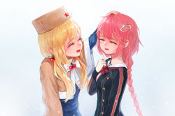 Rule 34 | 2girls, black shirt, blonde hair, blue background, blue dress, blush, bow, braid, breasts, brown headwear, brown jacket, closed eyes, cropped jacket, dokomon, dress, girls&#039; frontline, gloves, gradient background, hand up, hat, headpat, jacket, long hair, long sleeves, multiple girls, open mouth, pink hair, pps-43 (girls&#039; frontline), ppsh-41 (girls&#039; frontline), shirt, single braid, small breasts, star (symbol), striped clothes, striped shirt, telnyashka, thick eyebrows, very long hair, white bow, white gloves