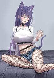 Rule 34 | 1girl, absurdres, animal ears, biya (1024), black choker, blue eyes, blue shorts, bra visible through clothes, breasts, cat ears, cat tail, cellphone, chain, choker, claw pose, crop top, denim, denim shorts, drawn tail, fishnet pantyhose, fishnets, harness, highres, holding, holding phone, kemonomimi mode, large breasts, long hair, long sleeves, looking at viewer, midriff, navel, open mouth, original, pantyhose, phone, purple hair, reference inset, see-through, selfie, shirt, short shorts, shorts, sitting, smartphone, smile, solo, stomach, tail, taut clothes, taut shirt, thighs, very long hair, white shirt, yokozuwari, yuna (biya (1024))