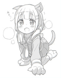 Rule 34 | 1girl, all fours, animal ear fluff, animal ears, animal hands, blush, cat ears, cat girl, cat tail, commentary, fang, flying sweatdrops, full body, gloves, hair ornament, hair over shoulder, hair scrunchie, hairclip, jigatei (omijin), long hair, long sleeves, looking at viewer, low twintails, neckerchief, open mouth, original, paw gloves, paw shoes, pleated skirt, sailor collar, school uniform, scrunchie, serafuku, shirt, shoes, sidelocks, simple background, skirt, solo, sweat, symbol-only commentary, tail, translation request, twintails, white background