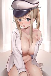 Rule 34 | 1girl, absurdres, blonde hair, blue eyes, breasts, collarbone, enishi96, graf zeppelin (kancolle), hair between eyes, hat, highres, kantai collection, large breasts, long hair, long sleeves, open clothes, open shirt, peaked cap, shirt, sidelocks, solo, twintails, white hat, white shirt