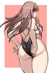 Rule 34 | 1girl, :o, ass, black one-piece swimsuit, breasts, clothes tug, curvy, framed, from behind, goddess of victory: nikke, highleg, highleg swimsuit, highres, huge ass, large breasts, lc 7v2, light brown hair, long hair, looking at viewer, looking back, multicolored clothes, multicolored swimsuit, official alternate costume, one-piece swimsuit, parted lips, rapi (classic vacation) (nikke), rapi (nikke), red eyes, shiny skin, skindentation, solo, swimsuit, swimsuit tug, thick thighs, thighs, very long hair, white one-piece swimsuit, wide hips