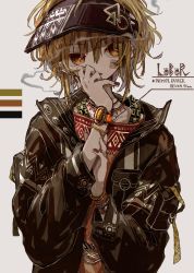 Rule 34 | 1girl, absurdres, azzz (7334080), bandaid, bandaid on face, black nails, bracelet, brown hair, cigarette, ear piercing, english text, hair between eyes, hat, highres, jewelry, lobor, long sleeves, nail polish, necklace, orange eyes, original, piercing, short hair, simple background, smoke, smoking, solo, upper body, watch, white background, wristwatch