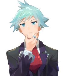 Rule 34 | 1boy, black jacket, blue eyes, closed mouth, collared shirt, commentary request, creatures (company), game freak, glint, green hair, hand up, highres, hsin, jacket, jewelry, long sleeves, male focus, necktie, nintendo, pokemon, pokemon oras, red necktie, ring, shirt, short hair, simple background, smile, solo, sparkle, steven stone, upper body, white background, white shirt