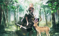 Rule 34 | 1girl, barefoot, bird, bird on lap, black dress, black shirt, blonde hair, blue eyes, commentary request, cup, deer, dress, drinking, feathers, forest, gradient hair, instrument, jeya (leej3ya), long hair, long sleeves, multicolored hair, nature, original, piano, purple hair, red ribbon, ribbon, scenery, shirt, shirt under dress, sitting, tree, two-tone hair, upright piano, very long hair, white bird