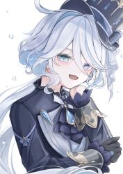 Rule 34 | 1girl, ahoge, ascot, asymmetrical gloves, black gloves, black hat, black jacket, blue ascot, blue brooch, blue eyes, blue gemstone, blue hair, commentary, curly hair, drop-shaped pupils, furina (genshin impact), furrowed brow, gem, genshin impact, gloves, hair between eyes, hair intakes, hat, head rest, heterochromia, highres, jacket, kodona, lapels, light blue hair, lolita fashion, long bangs, long hair, long sleeves, looking at viewer, mismatched gloves, multicolored hair, open mouth, parted bangs, paru 0 palu, simple background, smile, solo, swept bangs, symbol-shaped pupils, top hat, two-tone hair, upper body, very long hair, wavy hair, white background, white gloves, white hair