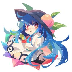 Rule 34 | 1girl, black hat, blue hair, closed mouth, commentary request, cropped arms, cropped legs, food, fruit, fruit hat ornament, hat, highres, hinanawi tenshi, long hair, looking at viewer, mame komari, peach, peach hat ornament, puffy short sleeves, puffy sleeves, rainbow order, red eyes, shirt, short sleeves, simple background, smile, solo, split mouth, touhou, twitter username, white background, white shirt