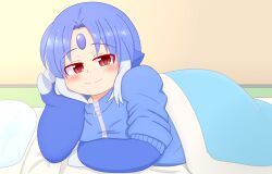 Rule 34 | 1boy, animal hands, belly, blue hair, blush, claws, forehead jewel, futon, half-covered body, highres, hood, hoodie, kodalar, looking at viewer, male focus, mazato codalove, medium hair, multicolored hair, red eyes, solo, tareme, thick arms, two-tone hair, ultra series, under covers