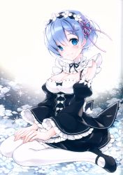 Rule 34 | 10s, 1girl, absurdres, apron, bare shoulders, black bow, black dress, black footwear, black ribbon, blue eyes, blue hair, blush, bow, breasts, closed mouth, colored eyelashes, detached collar, detached sleeves, dress, flower, frilled sleeves, frills, full body, gradient background, hair ornament, hair ribbon, hairband, hand on lap, highres, huge filesize, juliet sleeves, juna, knees together feet apart, lolita hairband, long sleeves, looking at viewer, maid, maid apron, mary janes, medium breasts, pantyhose, petals, pink ribbon, puffy sleeves, re:zero kara hajimeru isekai seikatsu, rem (re:zero), ribbon, scan, shoes, short hair, sitting, smile, solo, sparkle, tareme, wariza, white apron, white bow, white pantyhose, wide sleeves, x hair ornament