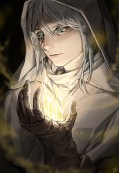 Rule 34 | 1other, absurdres, androgynous, blue eyes, boiled egg27, brown gloves, closed mouth, elden ring, gloves, grey hair, highres, hood, hood up, looking down, signature, solo, tarnished (elden ring)