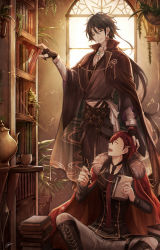 Rule 34 | 2boys, akutagawa ryuunosuke (bungou to alchemist), aqua eyes, ascot, backlighting, belt, belt buckle, black belt, black footwear, black gloves, black hair, black necktie, black shirt, black vest, book, book stack, bookshelf, boots, braid, braided bangs, brooch, brown cape, buckle, bungou to alchemist, cape, collared cape, collared shirt, cross-laced footwear, cup, dazai osamu (bungou to alchemist), dress shirt, earrings, eye contact, eyeliner, feet out of frame, fingerless gloves, fur-trimmed cape, fur trim, gears, gloves, gradient necktie, grey kimono, hair ornament, hairclip, hand on another&#039;s head, hanging plant, highres, holding, holding notepad, holding pen, japanese clothes, jewelry, kimono, lapel pin, lapels, long hair, looking at another, looking up, makeup, male focus, multiple belts, multiple boys, necktie, notepad, on floor, open mouth, pants, parted lips, pen, plant, potted plant, red cape, red eyeliner, red eyes, red hair, red necktie, sash, shirt, short hair, sitting, smile, standing, striped clothes, striped shirt, surprised, sweatdrop, table, teacup, teapot, teeth, tenyo0819, thigh strap, upper teeth only, vertical-striped clothes, vertical-striped shirt, vest, white ascot, white pants, white sash, white shirt, wide-eyed, window