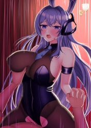 Rule 34 | 1boy, 1girl, animal ears, arm strap, azur lane, blush, bodystocking, breasts, cleavage, cowgirl position, crossed bangs, fake animal ears, girl on top, grabbing, grabbing another&#039;s breast, hetero, highres, holding hands, impossible clothes, indoors, keyword, lamp, large breasts, leotard, new jersey (azur lane), new jersey (exhilarating steps!) (azur lane), official alternate costume, open mouth, playboy bunny, purple eyes, purple hair, purple leotard, rabbit ears, see-through, see-through cleavage, sex, skin tight, straddling, strapless, strapless leotard, torn bodystocking, torn clothes, vaginal