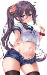 Rule 34 | 1girl, akebono (kancolle), alternate costume, bell, bikini, bikini bottom only, black thighhighs, blue shorts, blush, breasts, commentary request, cowboy shot, crop top, denim, denim shorts, flower, food, green sailor collar, groin, hair bell, hair between eyes, hair flower, hair ornament, highleg, highres, holding, holding food, jingle bell, kantai collection, long hair, looking at viewer, midriff, navel, nijimoto hirok, open fly, pink bikini, pink flower, popsicle, purple eyes, purple hair, red scrunchie, sailor collar, school uniform, scrunchie, see-through, serafuku, short shorts, short sleeves, shorts, side ponytail, simple background, skindentation, solo, sweat, swimsuit, thighhighs, thighs, tongue, tongue out, very long hair, white background, wrist scrunchie