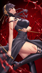 Rule 34 | 1girl, absurdres, barefoot, black dress, black footwear, black hair, blood, boots, breasts, dress, floating hair, flower, hair flower, hair ornament, hairband, high heel boots, high heels, highres, holding, holding weapon, large breasts, leg up, long hair, red background, shui xiao, sideboob, sleeveless, sleeveless dress, solo, spy x family, strap slip, thigh boots, weapon, yellow flower, yellow hairband, yor briar