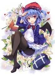 Rule 34 | 1girl, alternate costume, alternate hairstyle, alternate headwear, bag, bat wings, black pantyhose, blazer, blue hair, blush, book, contemporary, cup, dango remi, fang, feet, floral background, flower, full body, gradient background, hair bobbles, hair ornament, hat, heart, highres, jacket, long sleeves, nib pen (object), open clothes, open jacket, open mouth, pantyhose, pen, pencil, petals, red eyes, remilia scarlet, revision, school bag, shoes, short hair, side ponytail, single shoe, skirt, smile, solo, sweater, sweater vest, teacup, thighband pantyhose, toes, touhou, wings