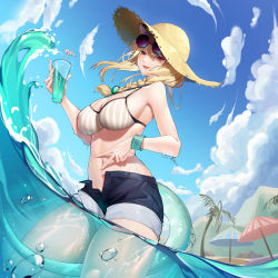 Rule 34 | 1girl, :d, absurdres, air bubble, animal ears, arknights, bare arms, bare shoulders, beach umbrella, bikini, blonde hair, blue sky, blue umbrella, braid, breasts, bubble, cloud, cowboy shot, cup, day, drinking glass, drinking straw, eyewear on head, guangsupaomian, hair between eyes, hat, highres, holding, holding cup, innertube, large breasts, long hair, looking at viewer, navel, official alternate costume, open fly, open mouth, outdoors, palm tree, partially submerged, partially underwater shot, pink umbrella, purple eyes, short shorts, shorts, single braid, sky, smile, solo, standing, stomach, striped bikini, striped clothes, sun hat, sunglasses on head, swim ring, swimsuit, thighs, tree, umbrella, underwater, utage (arknights), utage (summer flowers) (arknights), vertical-striped bikini, vertical-striped clothes, wading, water