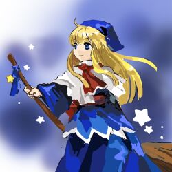 Rule 34 | 1girl, ahoge, ascot, blonde hair, blue eyes, blue headwear, blue skirt, blunt bangs, broom, capelet, character request, closed mouth, commentary request, copyright request, flat chest, highres, holding, holding broom, kaigen 1025, long hair, long sleeves, red ascot, shirt, sketch, skirt, smile, solo, star (symbol), straight hair, white capelet, white shirt, wide sleeves