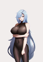 Rule 34 | 1girl, absurdres, arm under breasts, blue eyes, blue hair, blush, bodystocking, breasts, covered navel, genshin impact, hair over one eye, highres, huge breasts, long hair, looking to the side, one eye covered, open mouth, shenhe (genshin impact), skin tight, solo, very long hair, xi (hanha)