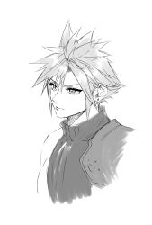 Rule 34 | 1boy, ah yoshimizu, armor, bare shoulders, cloud strife, earrings, expressionless, final fantasy, final fantasy vii, final fantasy vii remake, greyscale, hair between eyes, highres, jewelry, looking to the side, male focus, monochrome, portrait, short hair, shoulder armor, single earring, sketch, sleeveless, sleeveless turtleneck, solo, spiked hair, turtleneck, upper body, white background