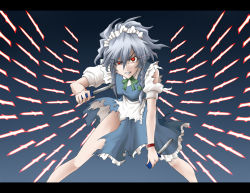 Rule 34 | 1girl, bad id, bad pixiv id, braid, danmaku, embodiment of scarlet devil, female focus, glowing, glowing eye, gradient background, izayoi sakuya, knife, letterboxed, light trail, maid, red eyes, rurie (lourie), short hair, silver hair, solo, throwing knife, touhou, twin braids, uneven eyes, weapon
