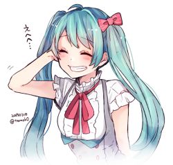 Rule 34 | 1girl, ahoge, blue hair, blush, bow, dated, closed eyes, hair bow, hatsune miku, long hair, pink bow, red ribbon, ribbon, short sleeves, solo, tama (songe), translated, twintails, twitter username, vocaloid, white background